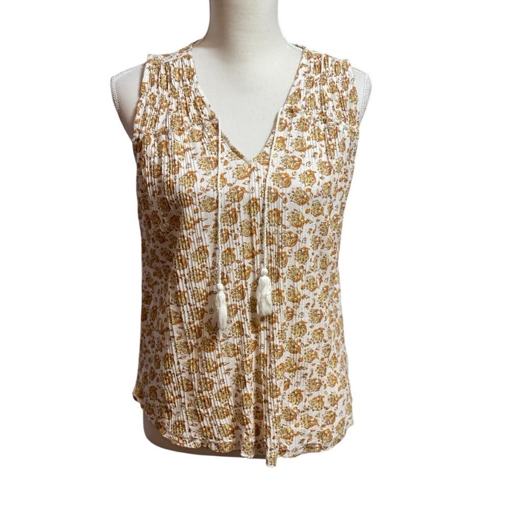 Lucky Brand Women Floral Shirt Sleeveless Tasseled Sz Small Summer Boho Peasant